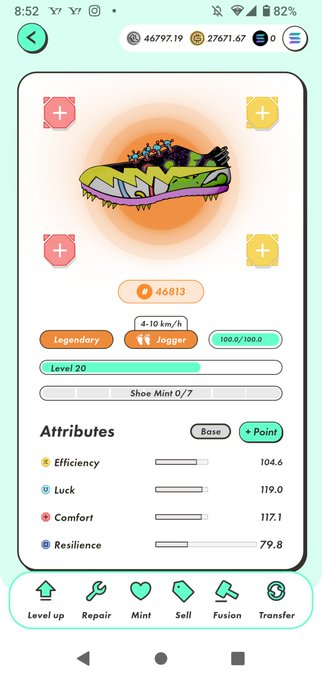 A mobile app screenshot displays a Legendary jogger sneaker NFT at Level 20 with 100.0/100.0 stats, showing attributes including Efficiency 104.6, Luck 119.0, Comfort 117.1, and Resilience 79.8.