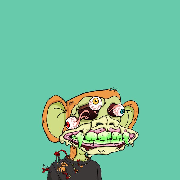 A cartoon illustration of a grotesque, zombie-like monkey head with bloodshot eyes, green teeth, and blood splatters, set against a solid teal background.