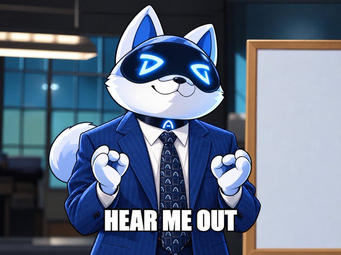 An AI-themed Shiba Inu character wearing a blue suit and glowing digital visor stands in an office setting, gesturing with its paws beneath the bold caption "HEAR ME OUT" — visually matching the post's playful pitch for the ticker $AI.