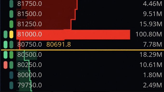 A financial heatmap/order book display showing BTC price levels ranging from 79750.0 to 81750.0, with the highest volume of 100.80M concentrated at the 81000.0 level marked at 80691.8.