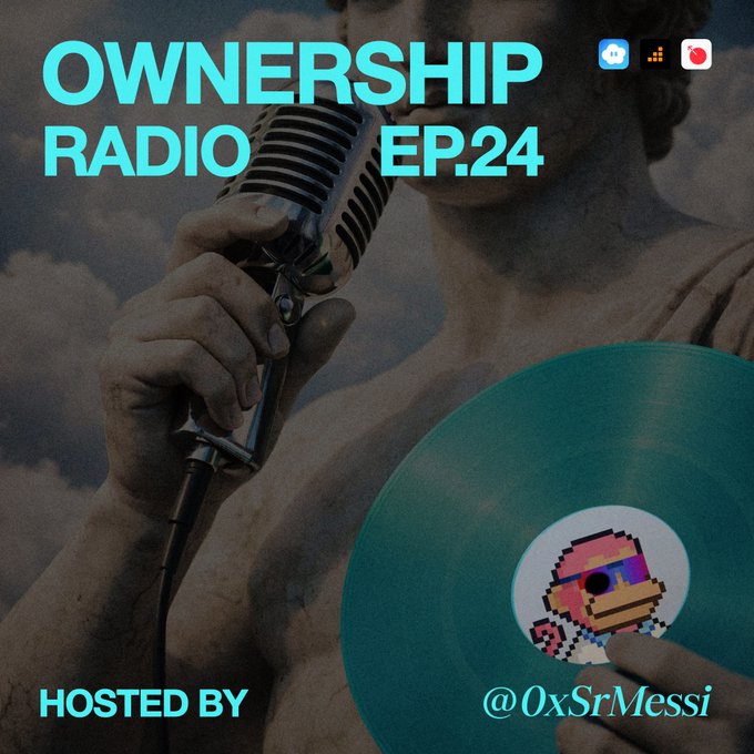A podcast cover for "OWNERSHIP RADIO EP.24" hosted by @0xSrMessi, featuring a vintage microphone and a teal vinyl record with a pixelated ape character, set against a dark cloud backdrop. The imagery of holding a microphone and a record ties into the "Gaming Season" theme, symbolizing a broadcast-style announcement on Solana powered by futarchy.