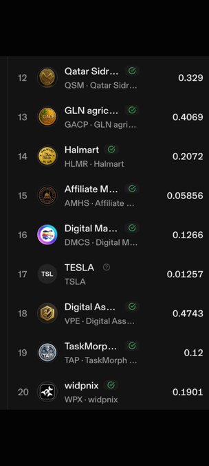 A dark-mode app screenshot showing a cryptocurrency list with tickers including QSM, GACP, HLMR, AMHS, DMCS, TSLA, VPE, TAP, and WPX with their corresponding values.