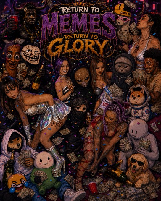 A vibrant, chaotic illustration titled 'Return to Memes, Return to Glory' featuring various meme characters, celebrities, and figures surrounded by money and confetti.