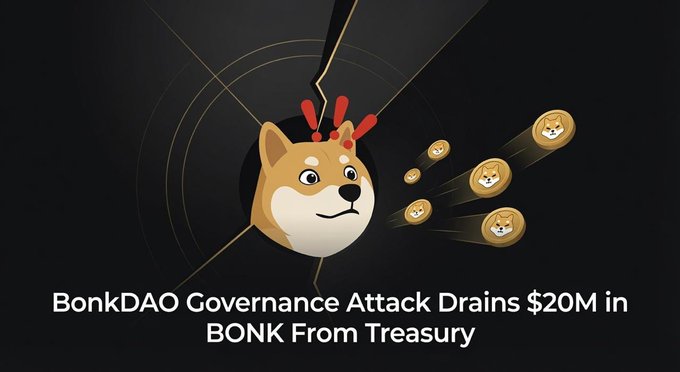 The image illustrates the BonkDAO governance attack, featuring a Shiba Inu dog mascot (BONK's logo) with red exclamation marks above its head and multiple smaller dog icons trailing to the right, symbolizing the hacker's exploitation of the DAO. The headline reads "BonkDAO Governance Attack Drains $20M in BONK From Treasury," directly highlighting the $20 million loss referenced in the accompanying post about the attacker purchasing BONK tokens to push through a malicious proposal.