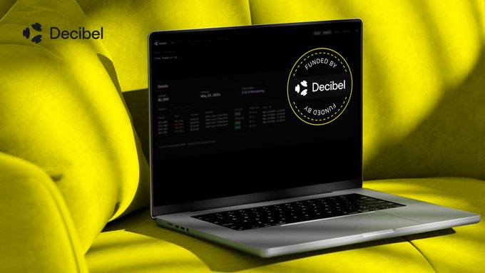 A promotional image for Decibel showing a laptop on a yellow couch displaying a 'Funded by Decibel' badge, with the Decibel logo in the upper left corner.