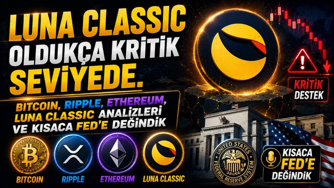 A Turkish crypto analysis thumbnail reading 'LUNA CLASSIC OLDUKÇA KRİTİK SEVİYEDE' (LUNA CLASSIC at a very critical level) with 'KRİTİK DESTEK' warning, showing logos for Bitcoin, Ripple, Ethereum, Luna Classic, the Federal Reserve, and an American flag.