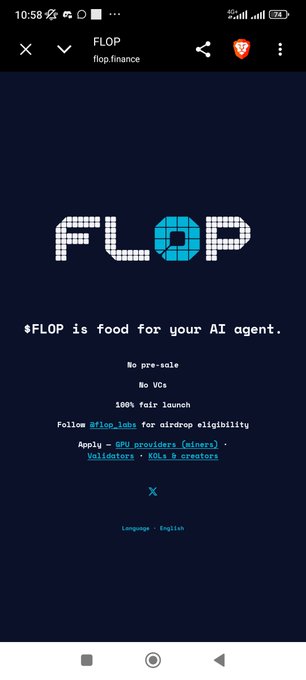 A mobile screenshot of the FLOP (flop.finance) landing page displaying '#FLOP is food for your AI agent' with details on no pre-sale, no VCs, and 100% fair launch, along with the X (Twitter) handle @flop_labs.