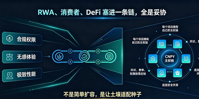 A diagram showing CNPY's multi-chain architecture, contrasting a single "compromise" chain on the left (labeled 合规权限 "compliance permissions," 无感体验 "seamless experience," and 极致性能 "extreme performance") with a hub-and-spoke design on the right featuring a CNPY 主权链 (CNPY sovereign main chain) connected to individual project subchains, illustrating how each project gets its own sovereign chain with customized consensus, fees, and permissions rather than squeezing everything onto one shared chain.