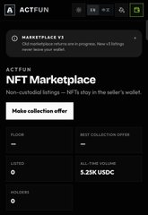 A screenshot of the ACTFUN NFT Marketplace, displaying a non-custodial listings interface with a floor price of 0 and an all-time volume of 5.25K USDC.