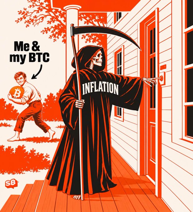 A red-toned political cartoon depicting the Grim Reaper labeled 'INFLATION' at a door, while a figure labeled 'Me & my BTC' clutches a Bitcoin coin in the background.