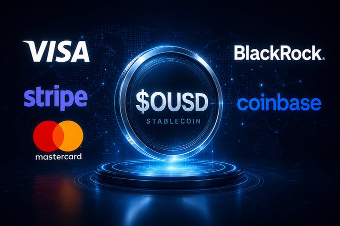 A digital graphic displays the logos of Visa, Stripe, Mastercard, BlackRock, and Coinbase surrounding a glowing central emblem featuring the "$OUSD STABLECOIN" branding, visually representing the major financial institutions rallying around the new stablecoin.