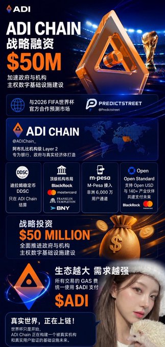 Promotional graphic announcing ADI Chain's $50M strategic funding round, highlighting its role as an institutional-grade Layer 2 blockchain powering the 2026 FIFA World Cup official prediction market "ADI Predictstreet," alongside partner logos including Mastercard, Franklin Templeton, BNY, BlackRock, and Open Standard. The design features a golden trophy, a money bag illustration, and a blue-toned cityscape banner emphasizing ecosystem growth and accelerating government and institutional digital infrastructure adoption.