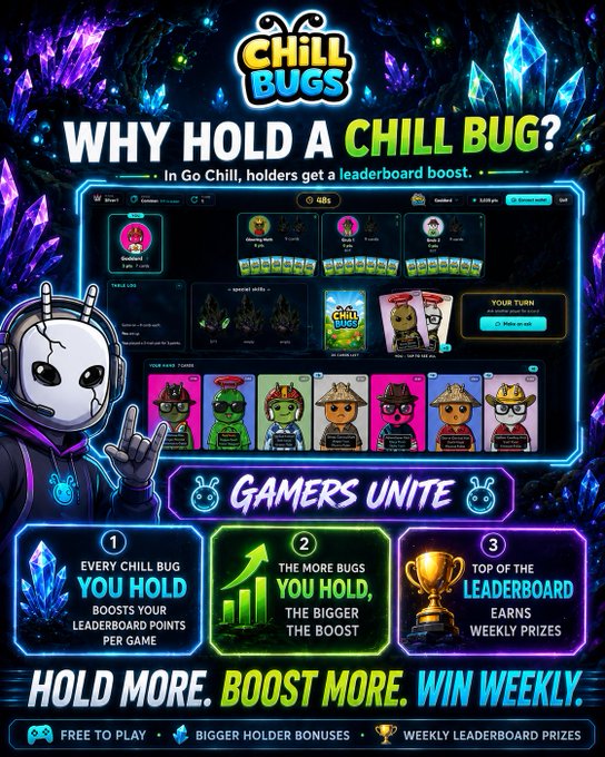 A promotional graphic for 'Chill Bugs' featuring colorful character cards and the text 'WHY HOLD A CHILL BUG?' and 'HOLD MORE. BOOST MORE. WIN WEEKLY.'