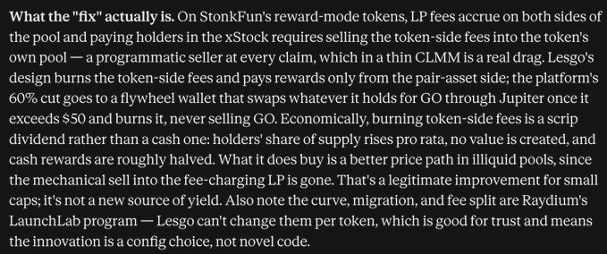 A text excerpt discusses the economic mechanics of StonkFun's reward-mode tokens versus xStock tokens, comparing token-burn dividend models with flywheel cash reward systems.