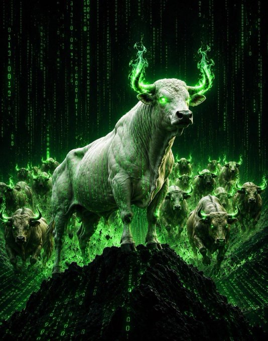 This image depicts a stampede of powerful bulls, glowing with green energy against a backdrop of cascading green binary code. It visually represents the bullish sentiment and the "WANSEN MEME CONTEST" mentioned in the post, likely associated with the $SOL cryptocurrency.