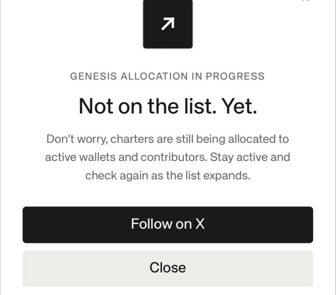 A modal displays the message "Not on the list. Yet." with a note that "GENESIS ALLOCATION IN PROGRESS," alongside options to "Follow on X" or "Close." The image relates to the post showing that the user was not selected for the Standard (Sats Standard?) $RSV Genesis charter allocation despite their support.