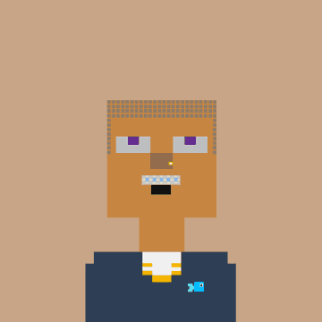 A pixel art avatar of an orange-skinned character with purple eyes wearing a dark blue shirt with a gold chain and a small "x" pin, set against a peach background. The stylized, blocky portrait appears to represent a figure associated with the "CwC" brand, complementing the post announcing four open intern positions within the SB (likely "Supporting Bored") ecosystem.