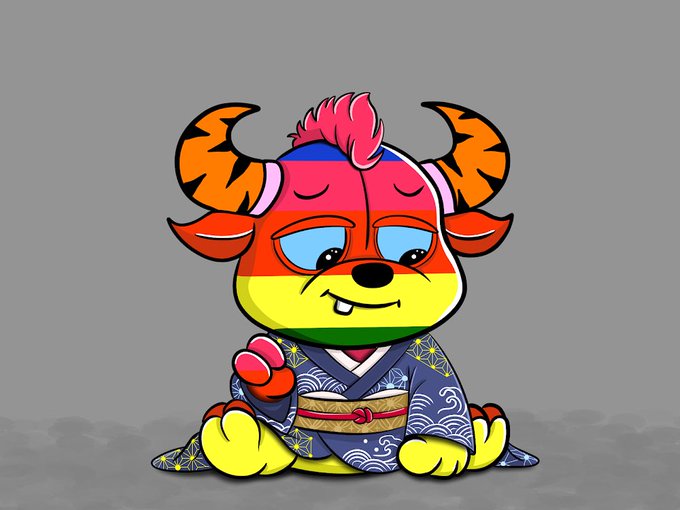 A cartoon bull character with a rainbow-colored face, tiger-striped horns, and a pink mohawk, sitting in a traditional Japanese kimono with blue wave patterns.