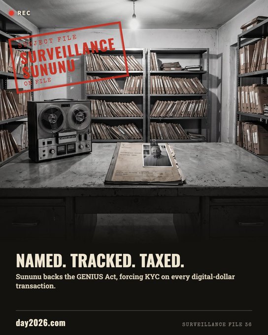 A surveillance-style promotional poster titled "SUBJECT FILE: SURVEILLANCE SUNUNU" reading "NAMED. TRACKED. TAXED. Sununu backs the GENIUS Act, forcing KYC on every digital-dollar transaction," from day2026.com.