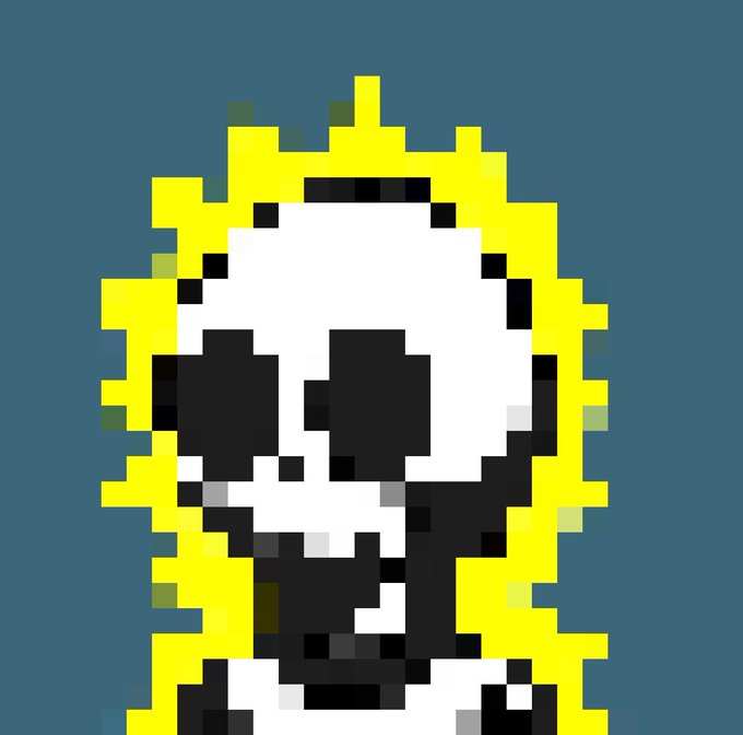 A pixel-art skull with a yellow hooded outline and black hollow eyes appears alongside the post's message about "future crypto millionaires" and a "free mint on Robinhood," symbolizing the bold, risk-taking mentality of early crypto adopters who build wealth through public action rather than waiting for traditional validation.