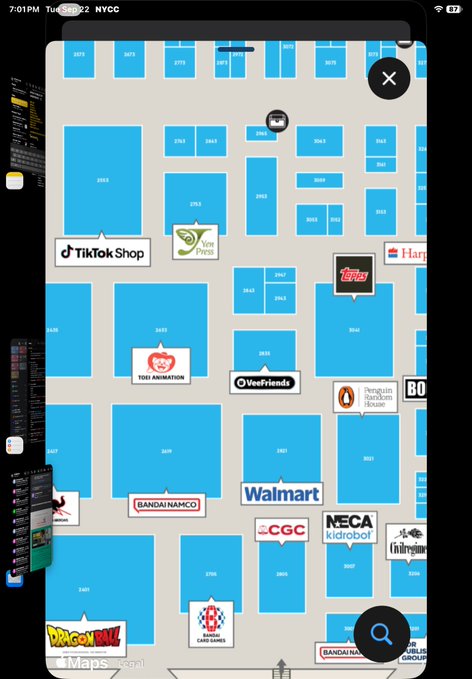A mobile screenshot of an interactive map for NYCC (New York Comic Con) showing vendor booths like TikTok Shop, Walmart, Bandai Namco, NECA, and Dragon Ball, with a smaller screen visible on the left edge showing a video editing interface.