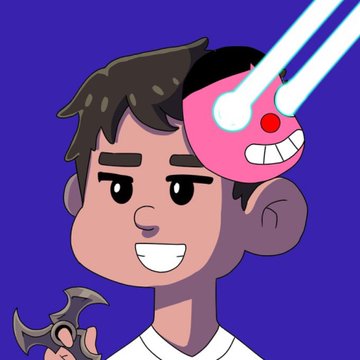 A cartoon-style illustration of a smiling person with brown hair, wearing a white shirt and holding a small bat, with a pink smiling emoji-like face with laser eyes positioned near their ear.