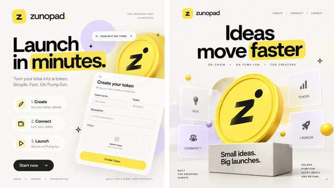 Two marketing graphics for "zunopad" promoting token creation on Pump.fun, with text including "Launch in minutes.", "Ideas move faster", and "Small ideas. Big launches."