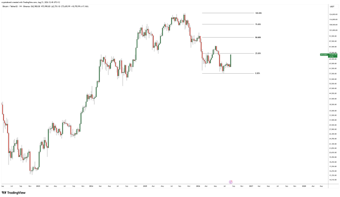 A candlestick chart of Bitcoin (BTC) overlaid with Fibonacci retracement levels shows that price has already retraced to the 25% level after the bear market decline, with horizontal marker lines at 23.6%, 38.2%, 50%, and 61.8% indicating potential upside targets—visually supporting the claim that a move to the 50% retracement level could be next.