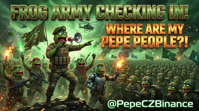 A digital illustration titled 'FROG ARMY CHECKING IN! WHERE ARE MY PEPE PEOPLE?!' depicts Pepe the Frog as a military commander leading a frog army, watermarked with '@PepeCZBinance.'