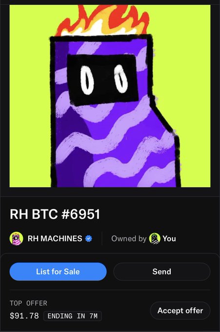 An NFT listing on a marketplace showing a purple digital artwork with a black rectangular face and flame-like hair, titled 'RH BTC #6951' with a top offer of $91.78.