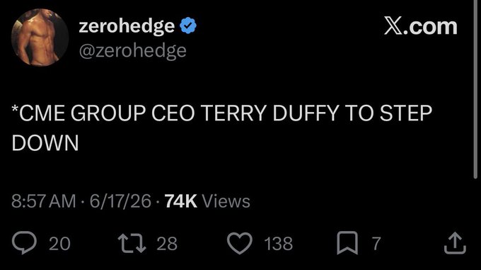The image features a black background with white text that reads "CME Group CEO Terry Duffy to Step Down". This information is posted as a tweet, which is a form of social media content shared by users. The post includes a link to an article about the CME Group and a hashtag related to the topic.