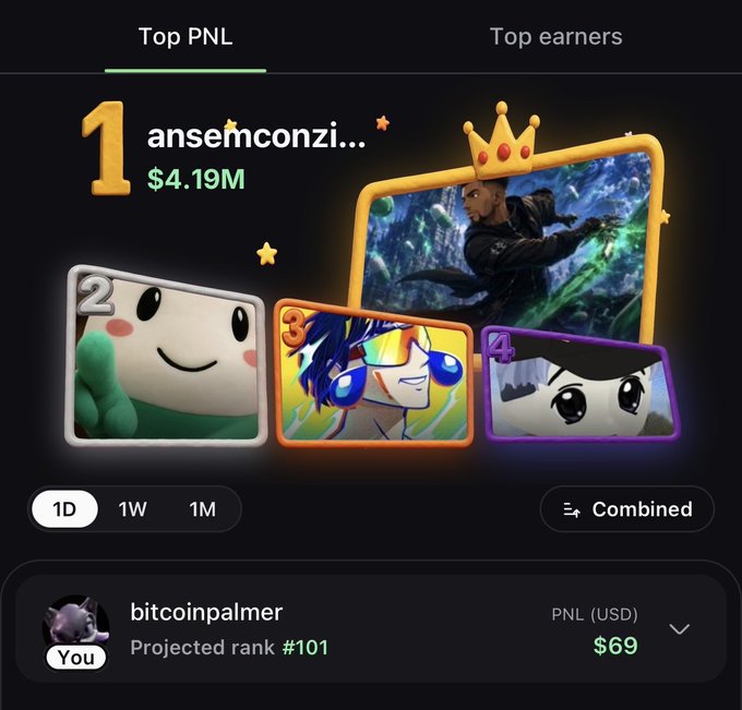 A 'Top PNL' leaderboard ranks 'ansemconzi...' first at $4.19M, with the user 'bitcoinpalmer' projected at rank #101 with $69 PNL.