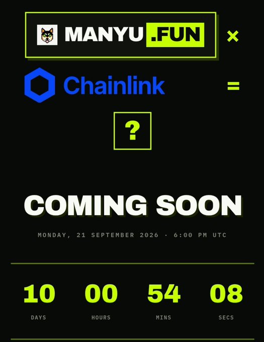 A promotional countdown graphic for "MANYU.FUN x Chainlink" announcement scheduled for Monday, 21 September 2026 at 6:00 PM UTC, showing 10 days, 00 hours, 54 minutes, 08 seconds remaining.