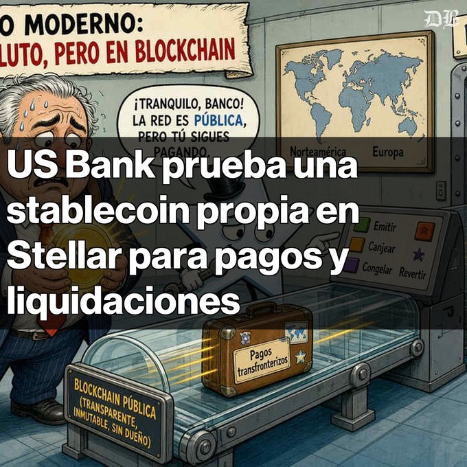 A cartoon image depicts a sweating banker holding a coin while looking at a conveyor belt labeled "BLOCKCHAIN PÚBLICA (TRANSPARENTE, INMUTABLE, SIN DUEÑO)", with Spanish text stating "US Bank prueba una stablecoin propia en Stellar para pagos y liquidaciones".