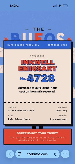 A digital boarding pass from "BUFO Island Ferry Co." for the passenger "Inkwell Emissary" No. 4728, admitting one to Bufo Island. The ticket confirms Mint day travel with a screenshotted ticket from thebufos.com, humorously presented as a hard-earned "boarding pass" supporting the post's playful claim about earning a spot with no nepotism.