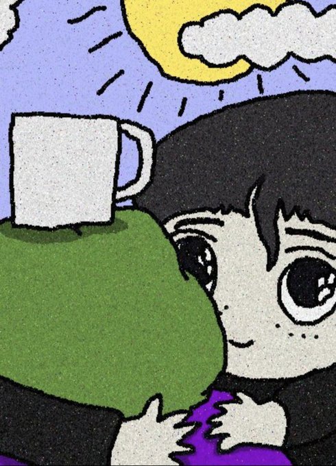 A cartoon-style illustration shows a person hugging a coffee mug on a green hill under a sunny sky with clouds, visually conveying the post's message that "Only memes and love will save ethereum" — affection and humor (symbolized by the warm embrace and simple, meme-like art style) as the remedy for the crypto community.