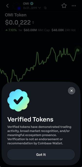 A mobile screenshot of the $OMI token's price chart on Coinbase Wallet displays a "Verified Tokens" popup, indicating that OMI Token ($0.00222, with a 7.10% weekly gain and $60.08M 1-week volume) has been officially verified, supporting the post's message about safe purchasing ahead of the OMI Unlimited launch on Base.