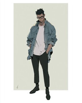 A stylized 2D illustration of a man wearing glasses, an oversized denim jacket over a white tee, and cropped pants, posed casually against a plain background—presented as an example of the 2D art style being compared.