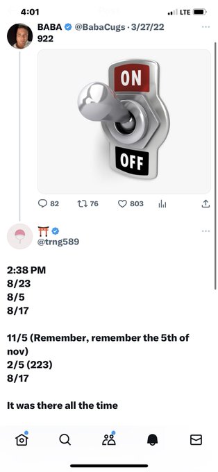 A Twitter/X post by BABA (@BabaCugs) featuring an emoji-style ON/OFF toggle switch image, with engagement metrics showing 82 replies, 76 retweets, and 803 likes.
