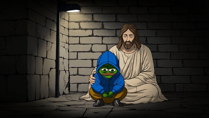 A cartoon illustration depicts Jesus sitting with his arm around a sad-looking Pepe the Frog character wearing a blue hoodie, positioned in a dimly lit brick alleyway under a single lamp.