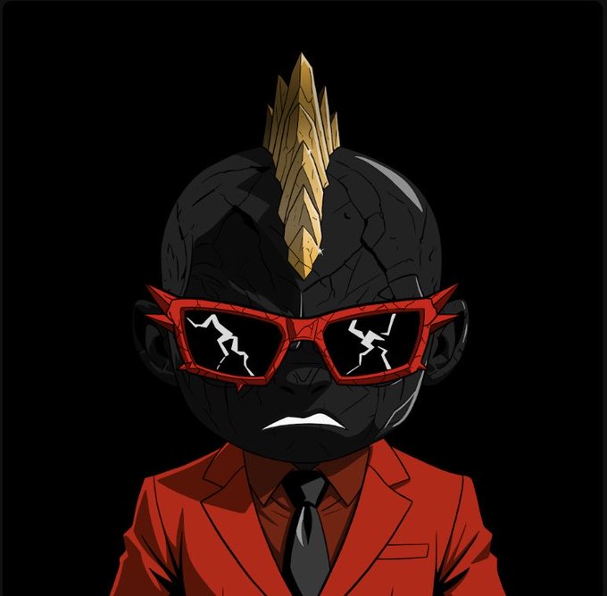A stylized illustration of a dark, cracked-skinned baby character with a golden mohawk, wearing red cracked sunglasses and a red suit with a black tie, with white lightning reflected in the lenses.