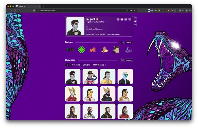 A screenshot of the degods.com profile page for 'la_gent' displaying a showcase of NFT avatar characters on a purple background.