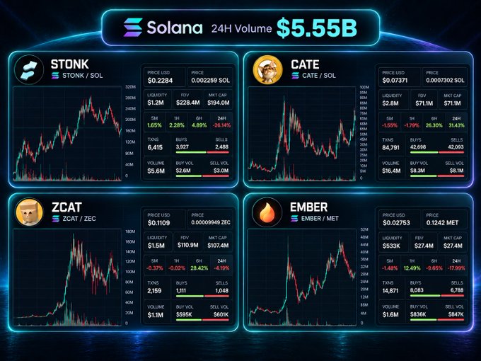 A Solana blockchain dashboard showing 24-hour trading volume of $5.55B with charts and stats for tokens STONK ($0.2284), CATE ($0.0731), ZCAT ($0.1109), and EMBER ($0.02753).