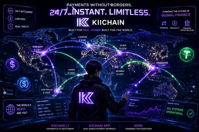 A futuristic digital interface for **Kiichain** displays the tagline "PAYMENTS WITHOUT BORDERS. 24/7. INSTANT. LIMITLESS." alongside a glowing world map highlighting instant global transactions in real currencies (EUR, USDC, USDT) between major cities like New York, London, Dubai, Lagos, São Paulo, Mumbai, and Singapore. The post reflects on past frustrations with slow, fee-heavy cross-border blockchain transfers, while the image visually presents Kiichain as the proposed solution for real-money, frictionless, on-chain FX settlement.