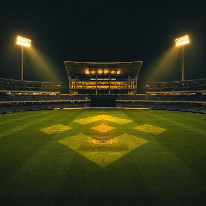 An empty baseball stadium illuminated at night by tall floodlights, with shadows cast across the manicured green field.