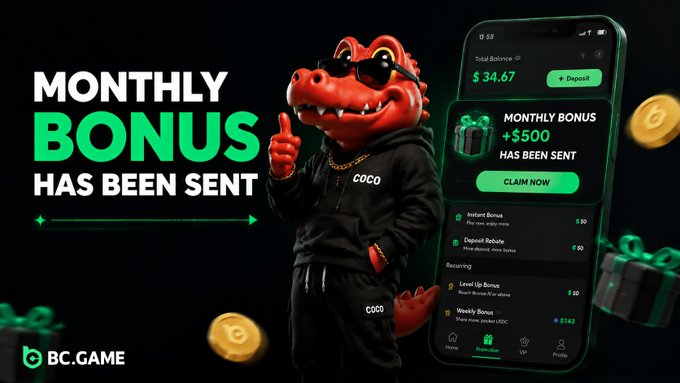A promotional image for BC.GAME featuring an alligator character in sunglasses, announcing 'MONTHLY BONUS HAS BEEN SENT' alongside a mobile app interface showing a $500 bonus.