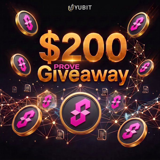 A YUBIT promotional graphic announcing a $200 $PROVE giveaway, featuring the YUBIT logo at the top and multiple gold coins with pink $PROVE symbols arranged over a dark network-patterned background, with bold "$200 PROVE Giveaway" text in the center.