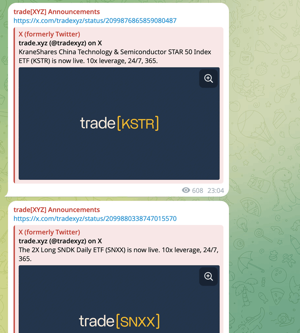 Two Telegram announcements from trade[XYZ] about new leveraged ETFs: KraneShares China Technology & Semiconductor STAR 50 Index ETF (KSTR) and 2X Long SNDK Daily ETF (SNXX), both offering 10x leverage, 24/7, 365.
