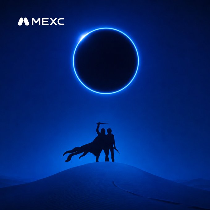 The image features the MEXC logo in the top-left corner above a striking silhouette of two warriors standing triumphantly on a dune beneath a glowing blue eclipse-like ring, embodying the message that fear is fleeting while infinite opportunities await those bold enough to seize them.