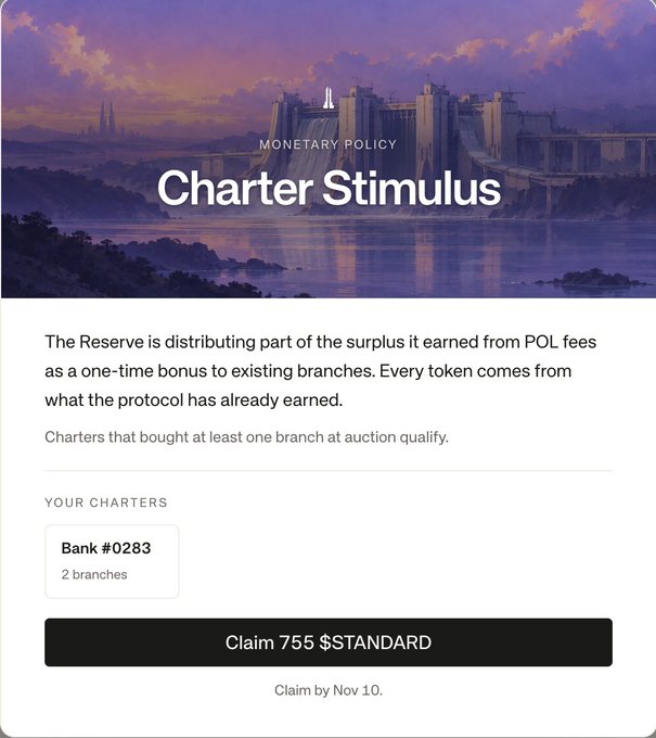 A 'Charter Stimulus' notification under 'Monetary Policy' explains that The Reserve is distributing surplus from protocol earnings as a one-time bonus, showing 'Bank #0283' with 2 branches and a button to 'Claim 755 $STANDARD' by Nov 10.